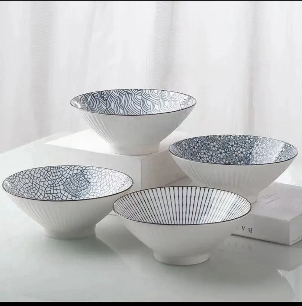 8 Inch 32 Ounce Four Pack Of Ramen Bowls Blue, & White Japanese COTTAGECORE